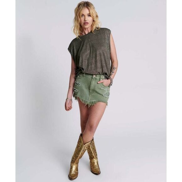 NEW! One Teaspoon Super Khaki Green Junkyard Relaxed Denim Mini Skirt US 0 $110 - Picture 1 of 9